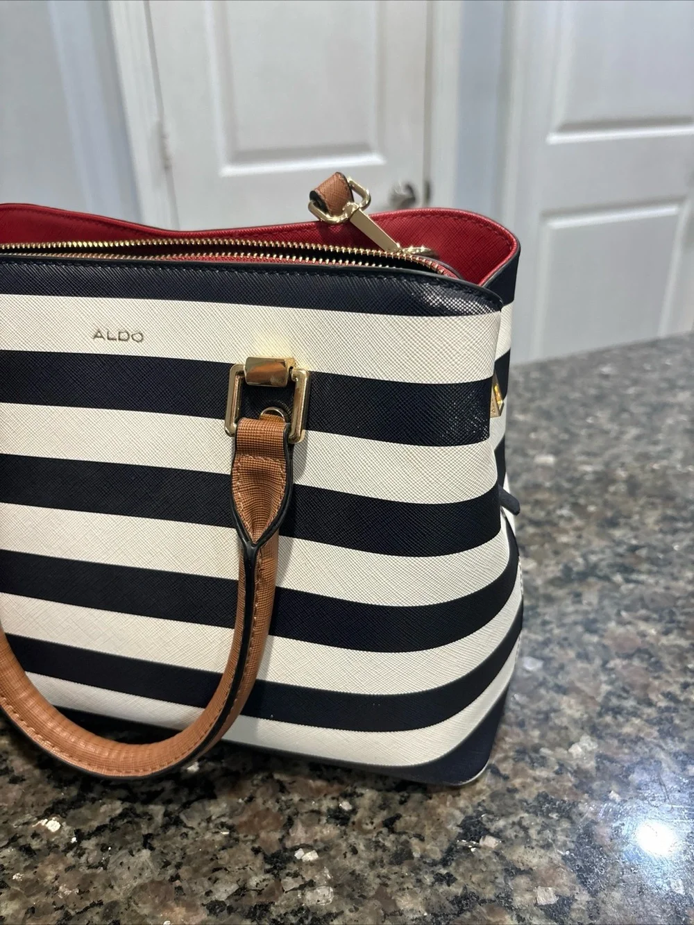 Aldo Navy & White Striped Satchel with Tan Handles